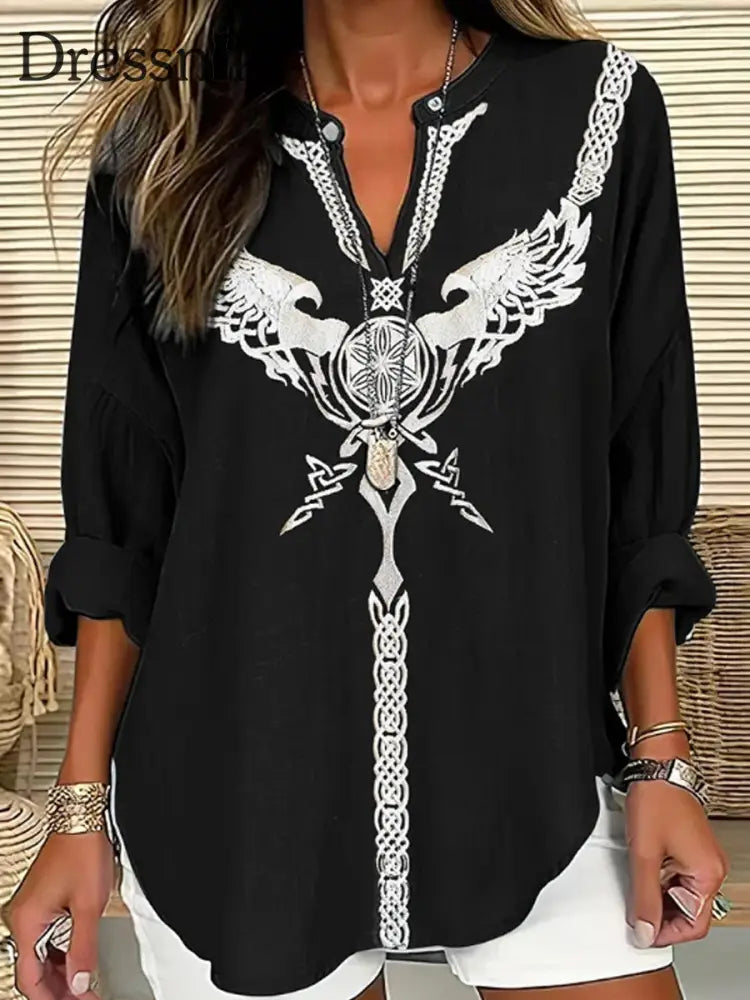 Damen Viking Art Leinen Print Freizeit hemd Schwarz / S