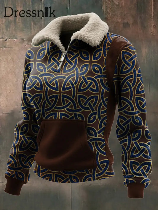 Damen Viking Print Lamm Wolle Reiß verschluss Kragen Top Braun / S