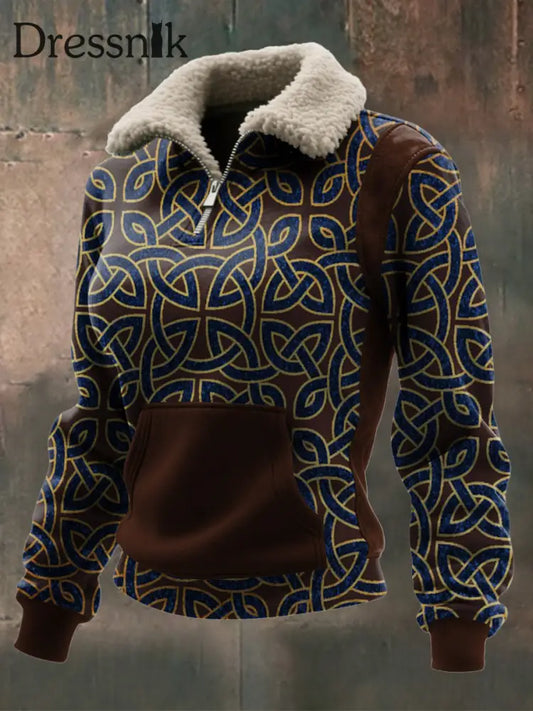 Damen Viking Print Lamm Wolle Reiß verschluss Kragen Top Braun / S