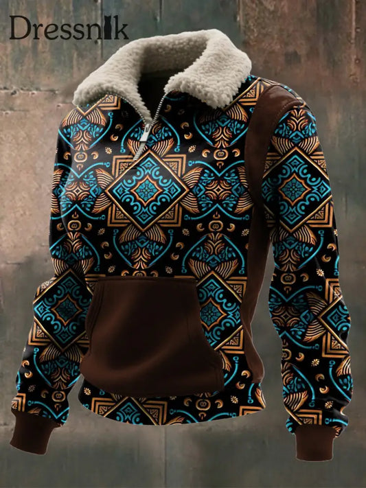 Damen Viking Print Lamm Wolle Reiß verschluss Kragen Top Braun / S