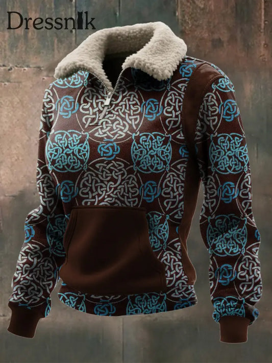 Damen Viking Print Lamm Wolle Reiß verschluss Kragen Top Braun / S
