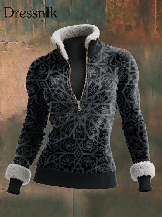 Damen Viking Print Lamm Wolle Reiß verschluss Kragen Top Dunkelgrau / S