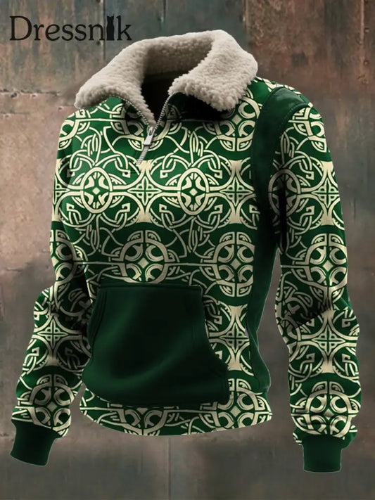 Damen Viking Print Lamm Wolle Reiß verschluss Kragen Top Dunkelgrün / S