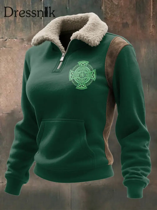 Damen Viking Print Lamm Wolle Reiß verschluss Kragen Top Dunkelgrün / S
