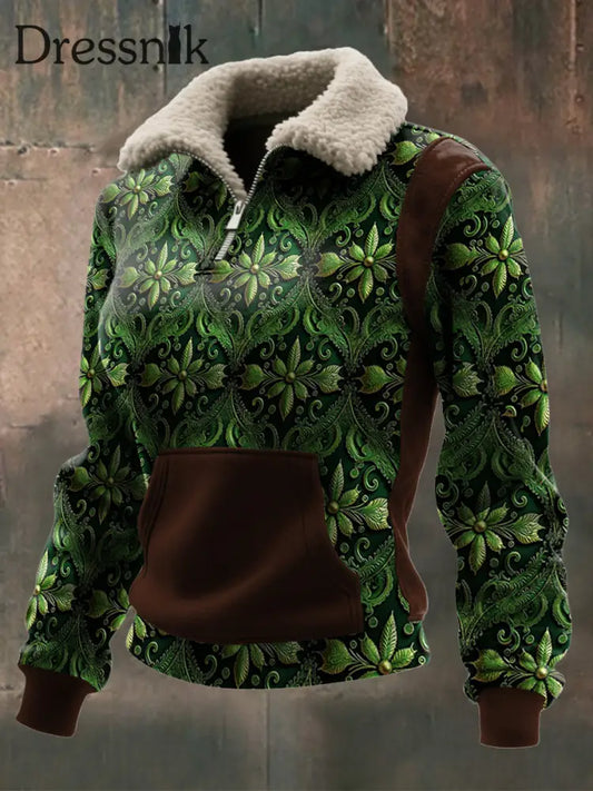 Damen Viking Print Lamm Wolle Reiß verschluss Kragen Top Dunkelgrün / S