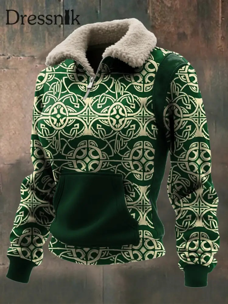 Damen Viking Print Lamm Wolle Reiß verschluss Kragen Top Dunkelgrün / S