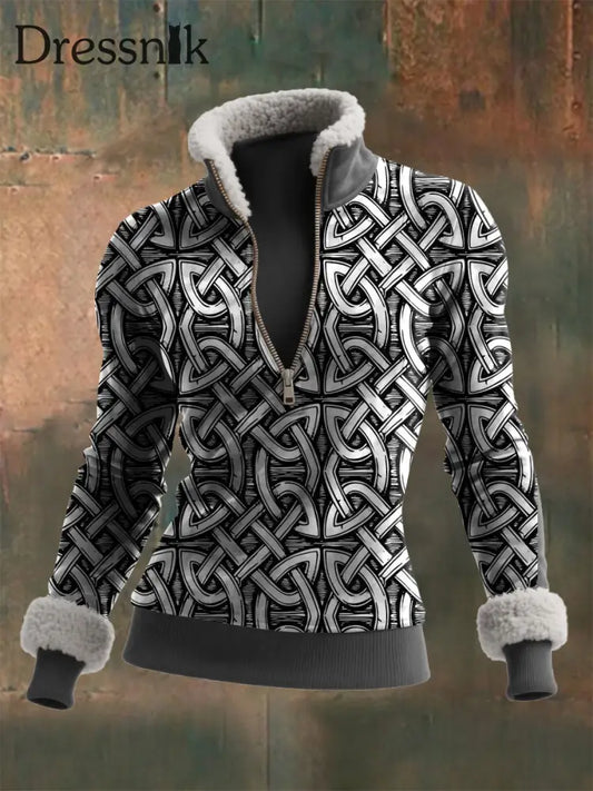 Damen Viking Print Lamm Wolle Reiß verschluss Kragen Top Grau / S