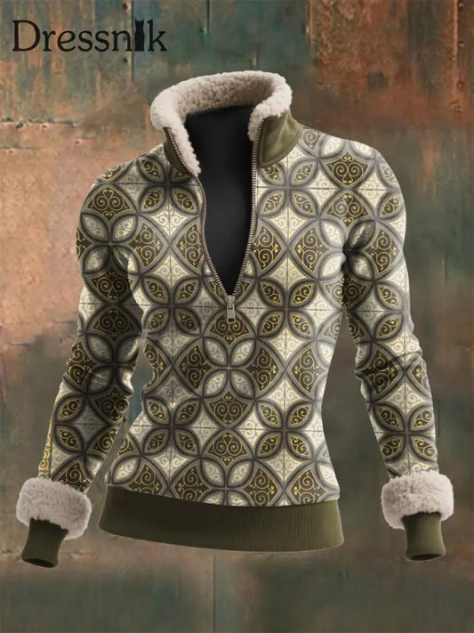 Damen Viking Print Lamm Wolle Reiß verschluss Kragen Top Olivgrün / S