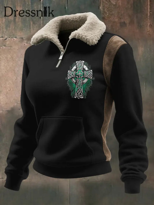 Damen Viking Print Lamm Wolle Reiß verschluss Kragen Top Schwarz / S