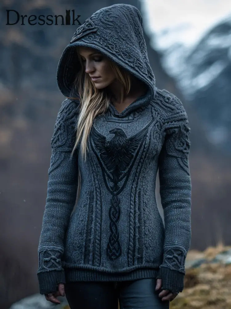 Damen Viking Raben Muster Gemütlicher Strick Hoodie als bild / S