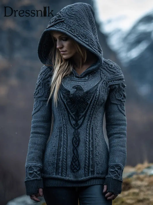 Damen Viking Raben Muster Gemütlicher Strick Hoodie als bild / S