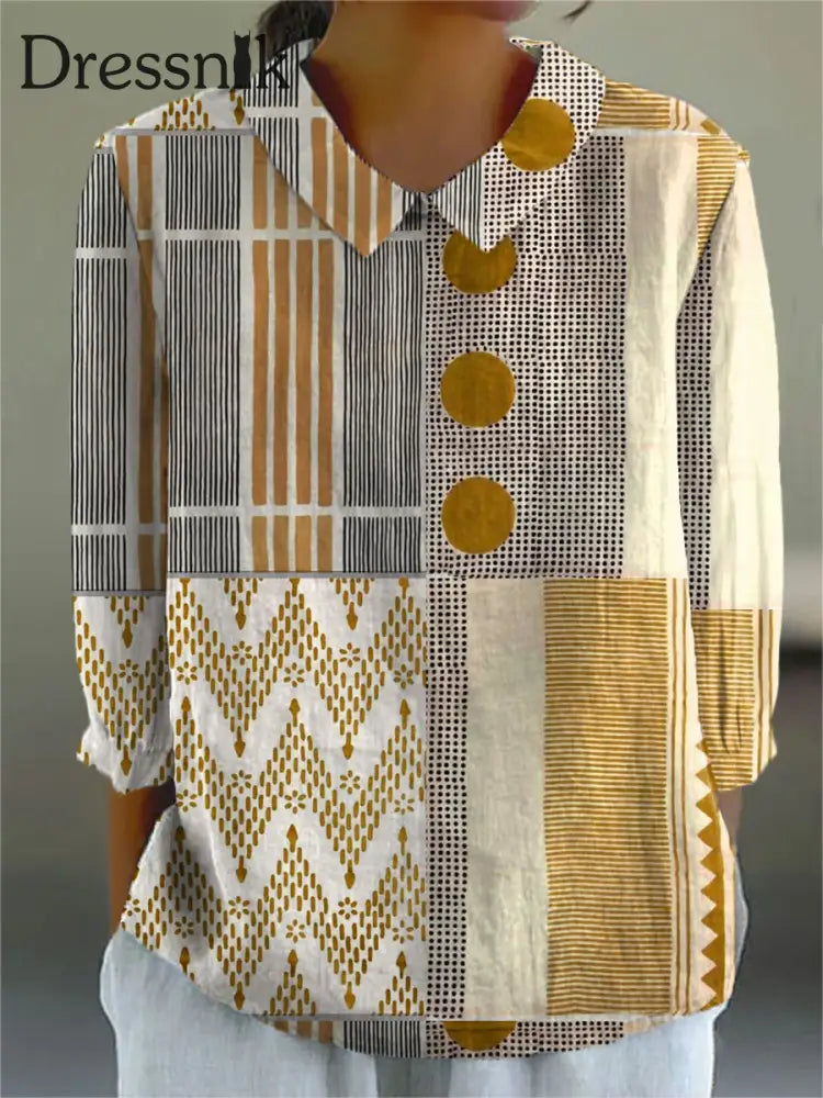 Damen Vintage Abstrakte Geometrie Kunstdruck Freizeit Baumwolle und Leinen 3/4 Ärmel Hemd Khaki / S