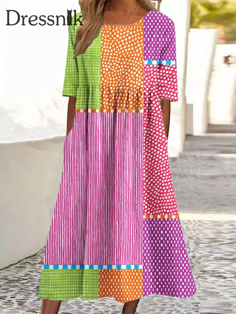 Damen-Vintage-abstraktes geometrisches Farb block linie Kunstdruck-Taschen kleid aus Baumwolle bunt / S
