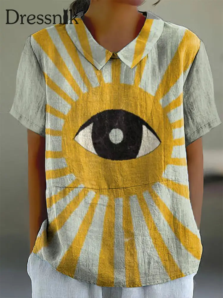 Damen Vintage All-Seeing Eye Print Puppen kragen Baumwoll-Freizeit hemd bunt / S