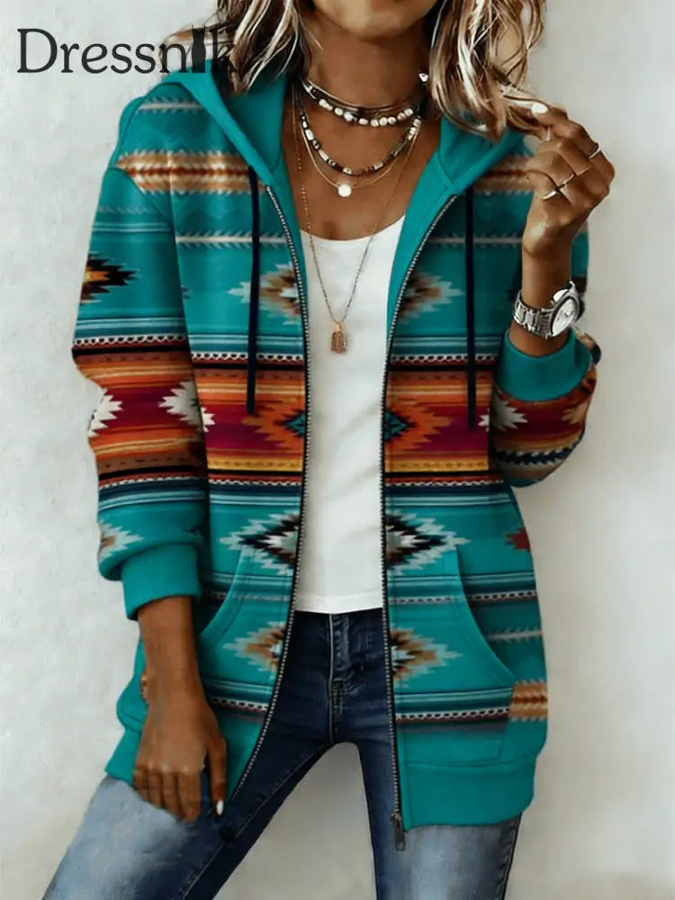 Damen Vintage Azteken Print Casual Zip-Up Hoodie als bild / S