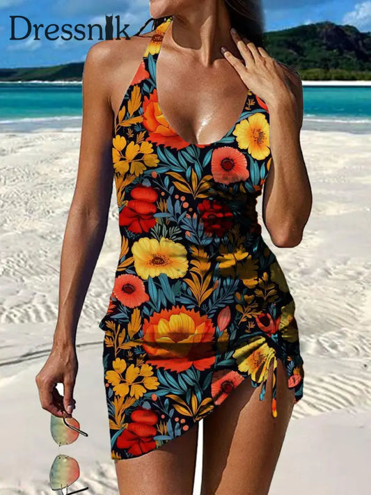 Damen Vintage-Badeanzug mit Blumen druck mit plissierter V-Ausschnitt A / S