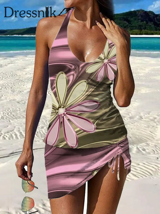 Damen Vintage-Badeanzug mit Blumen druck mit plissierter V-Ausschnitt A / S