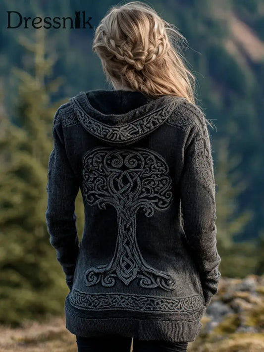 Damen Vintage Baum des Lebens Muster Gemütliche Strickjacke Dunkelgrau / S