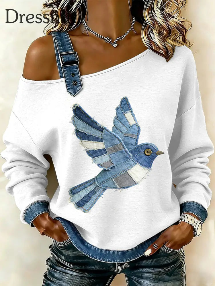 Damen Vintage Bird Patchwork Print lässig schulter freies Sweatshirt als bild / S