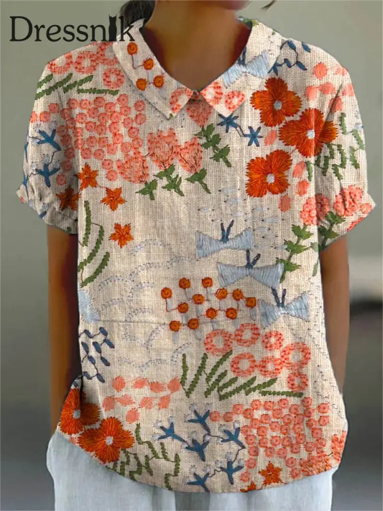 Damen-Vintage-Blumen-Baumwoll-Leinen-Kurzarm-Hemd bunt / S