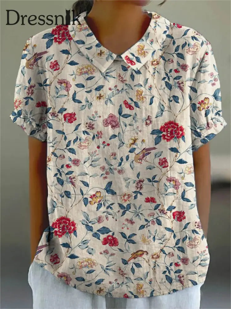 Damen-Vintage-Blumen-Baumwoll-Leinen-Kurzarm-Hemd bunt / S