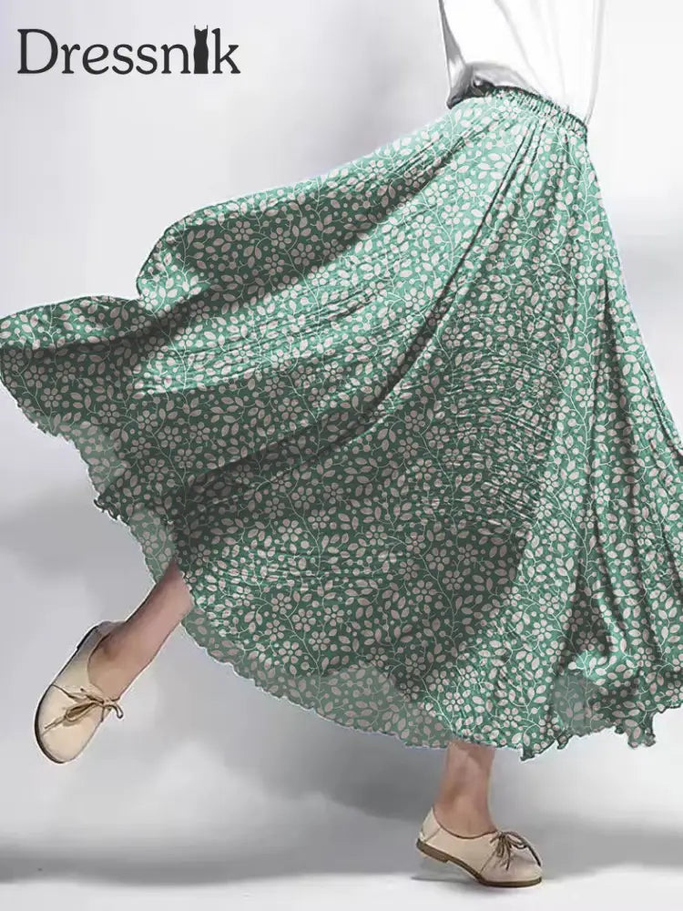Damen Vintage Blumen bedruckte Baumwoll kleider Grün / S