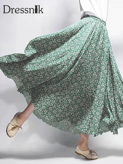 Damen Vintage Blumen bedruckte Baumwoll kleider Grün / S