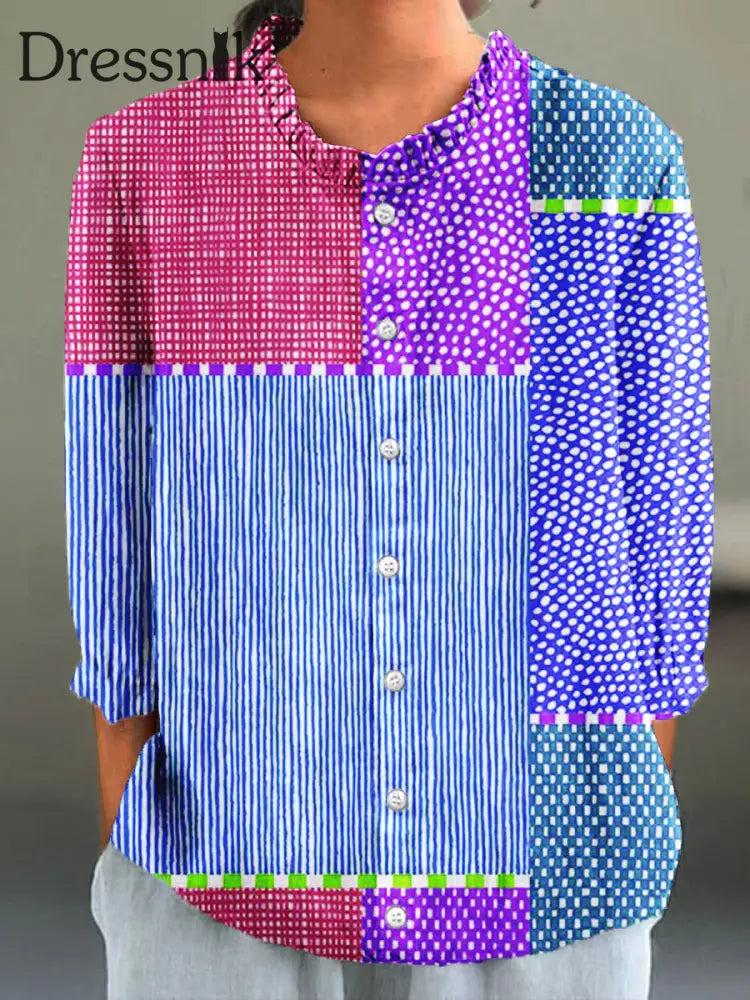 Damen Vintage-Blumen druck 4/3 Ärmel Baumwoll-Leinen hemd bunt / S
