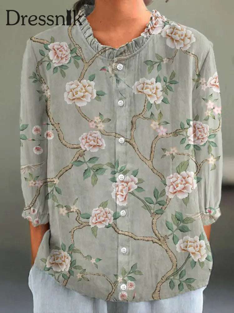 Damen Vintage-Blumen druck 4/3 Ärmel Baumwoll-Leinen hemd Grün / S