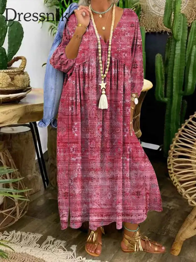 Damen Vintage Blumen druck Chic V-Ausschnitt Bohemian Elegant Midi A / S