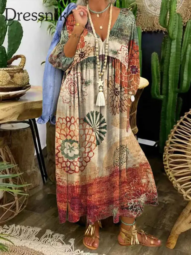 Damen Vintage Blumen druck Chic V-Ausschnitt Bohemian Elegant Midi A / S