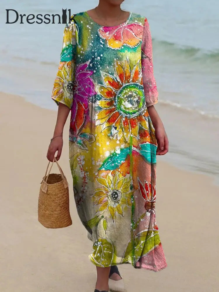 Damen Vintage Blumen druck Chic V-Ausschnitt Bohemian Elegant Midi A / S