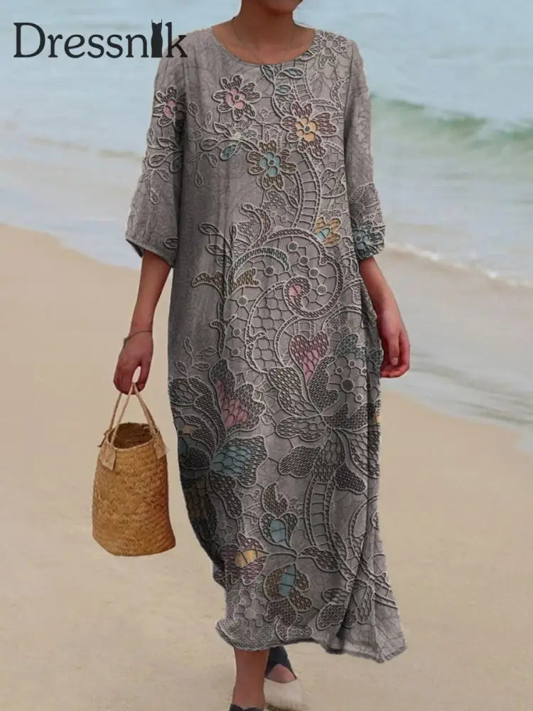 Damen Vintage Blumen druck Chic V-Ausschnitt Bohemian Elegant Midi A / S