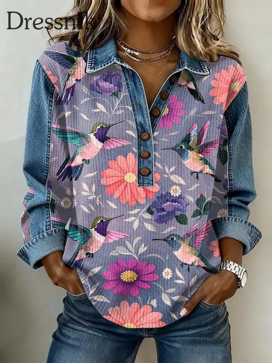 Damen-Vintage-Blumen druck Lässiges Langarm-Top als bild / S