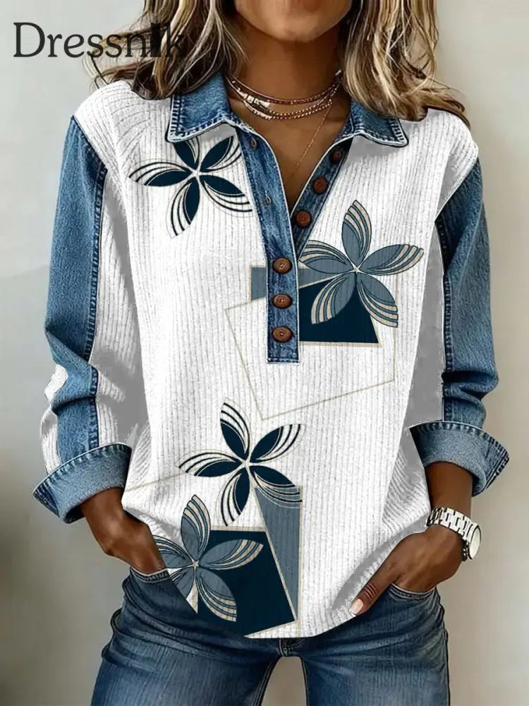 Damen-Vintage-Blumen druck Lässiges Langarm-Top als bild / S