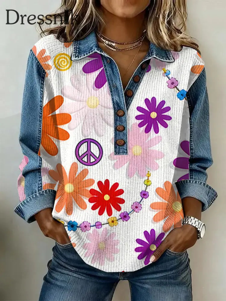 Damen-Vintage-Blumen druck Lässiges Langarm-Top als bild / S