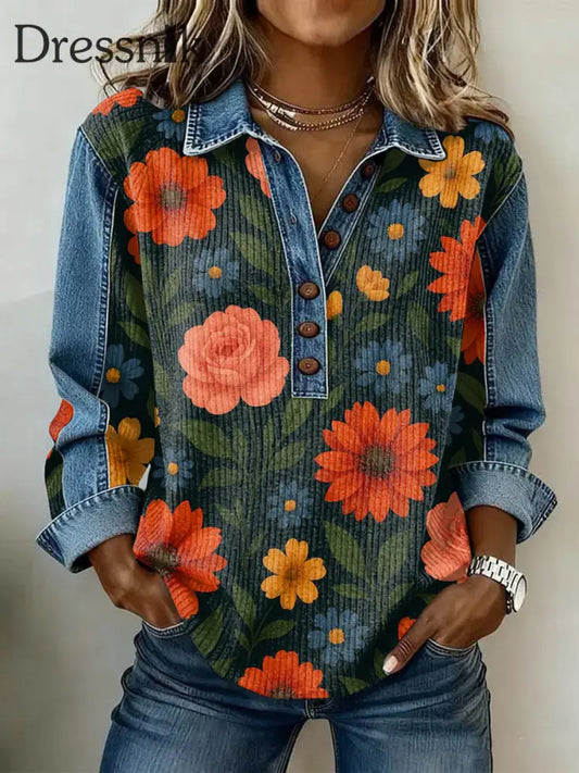 Damen-Vintage-Blumen druck Lässiges Langarm-Top als bild / S