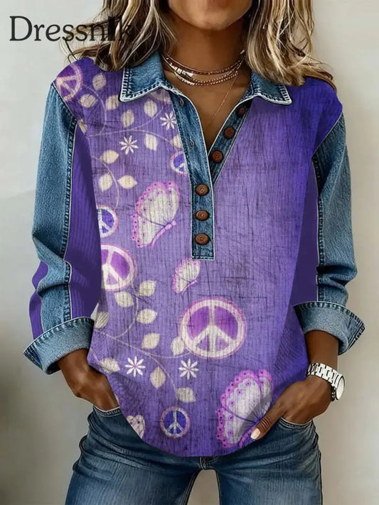 Damen-Vintage-Blumen druck Lässiges Langarm-Top als bild / S