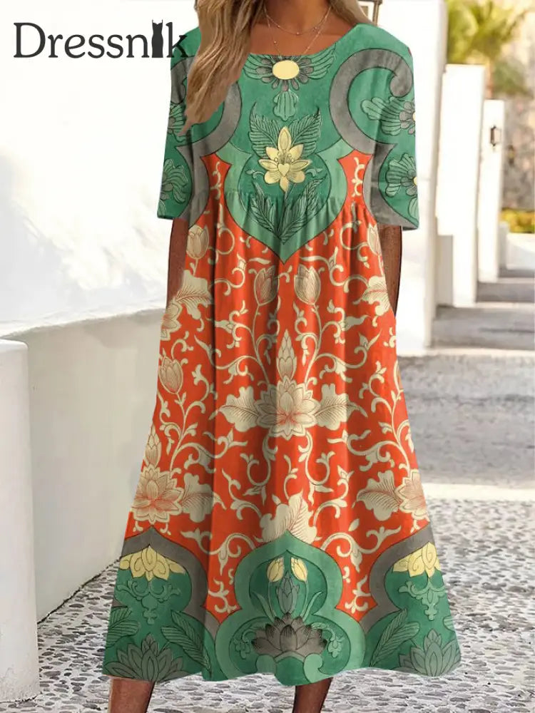 Damen Vintage Blumen druck Rundhals-Taschen kleid Jacinth / S