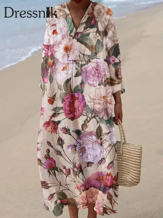 Damen Vintage Blumen kunst druck Baumwoll kleid Rosa / S