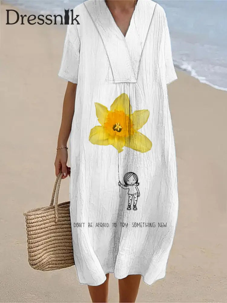 Damen Vintage Blumen kunst druck Baumwoll kleid Weiß / S