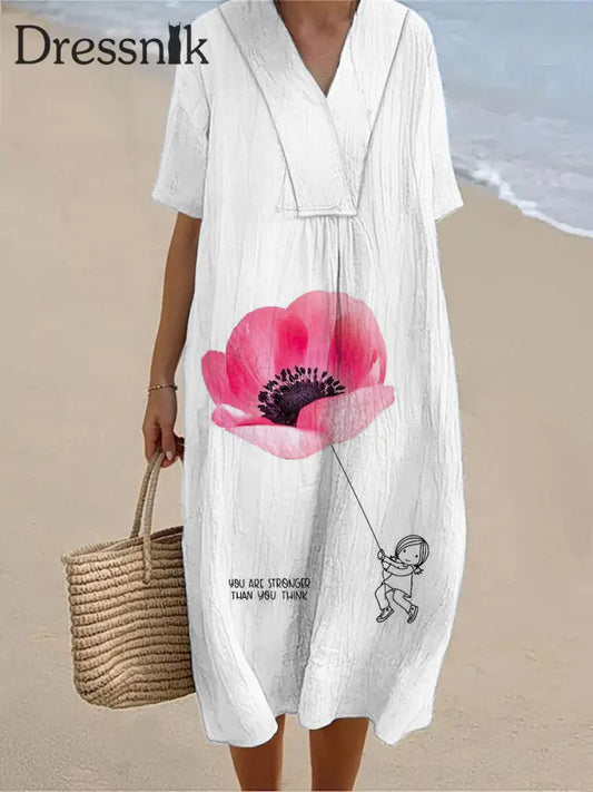 Damen Vintage Blumen kunst druck Baumwoll kleid Weiß / S