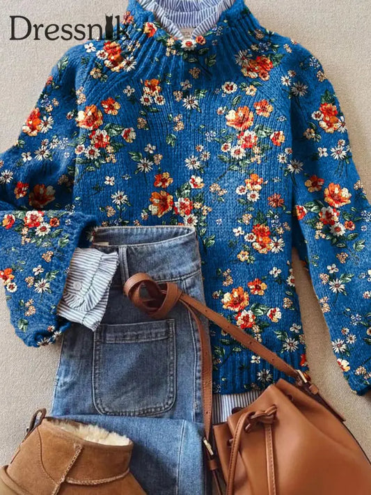 Damen Vintage Blumen Kunst Druck Lässig Schicker Pullover A / S