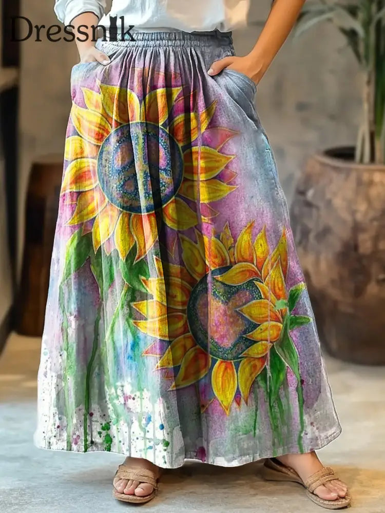 Damen Vintage Blumen Kunstdruck Boho Pocket Flowy Kleid A / S