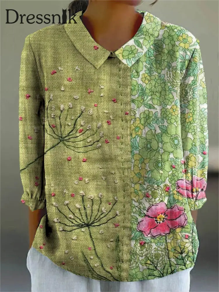 Damen Vintage Blumenmuster Kunstdruck Freizeit hemd aus Baumwolle und Leinen 3/4 Ärmel Grün / S