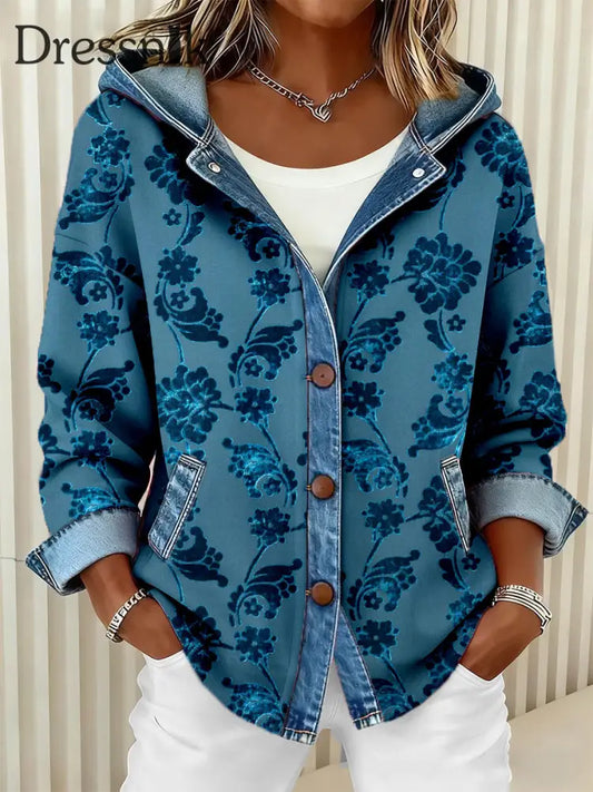 Damen Vintage Blumenmuster Patchwork Kunst Kapuzen strickjacke blau / S