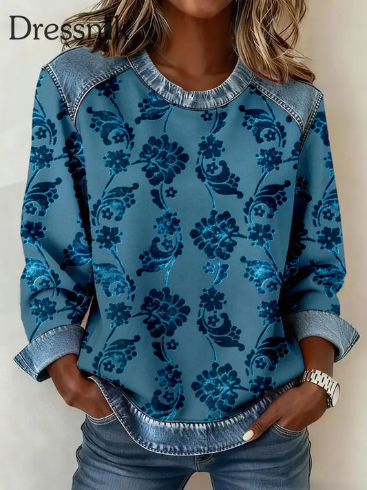 Damen Vintage Blumenmuster Patchwork Kunst Sweatshirt blau / S
