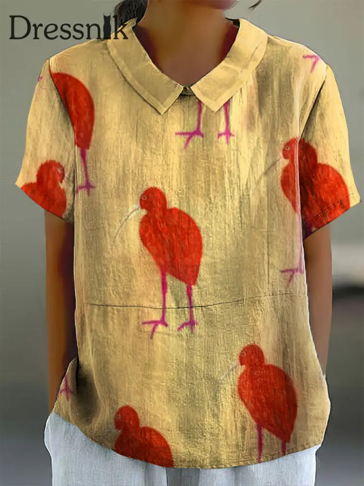 Damen Vintage Cartoon Wachtel Print Puppen kragen Baumwoll-Freizeit hemd bunt / S