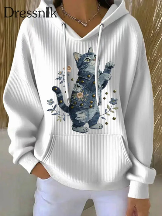 Damen Vintage Cat Patchwork Print Hoodie Weiß / S