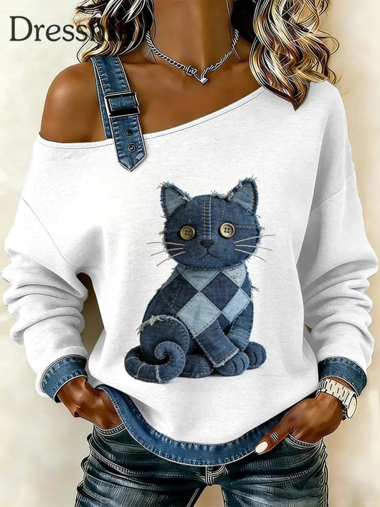 Damen Vintage Cat Patchwork Print lässig schulter freies Sweatshirt als bild / S